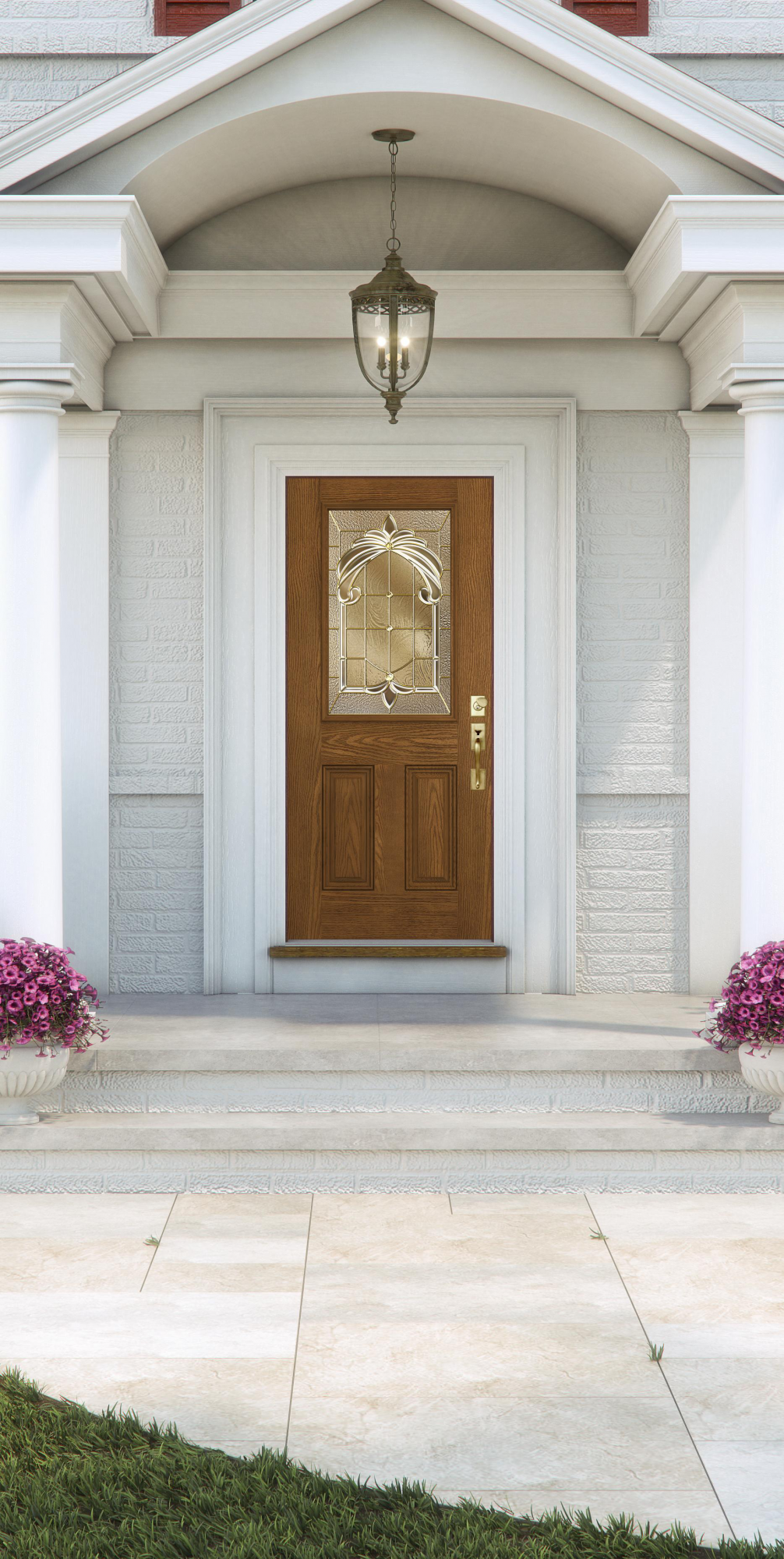 DesignPro™ Fiberglass Exterior Doors Oak 1/2 View 2Panel Glass Panel
